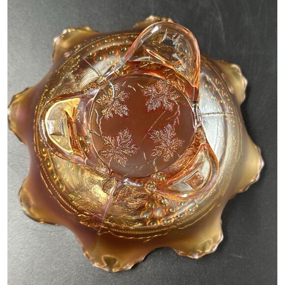 Fenton Edge Leaf Grape and Cable Marigold Carnival Footed Glass Bowl Candy Dish - Picture 10 of 10